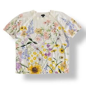 Talbots Cream Floral Print Short Sleeve Knit Sweater Size Large Petite Spring